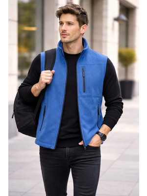 Bizim Terzi Mavi Polar Yelek 3 Cepli Tam Fermuarlı Slim Fit Anti Pilling Tüylenme Yapmaz. Hava Geçirmez