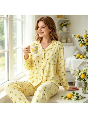 NiCe İç Giyim Limon Desenli Yumuşak Dokulu Kadın Pijama Takımı - Gömlek Yaka Uzun Kollu Alt Üst Pijama Seti