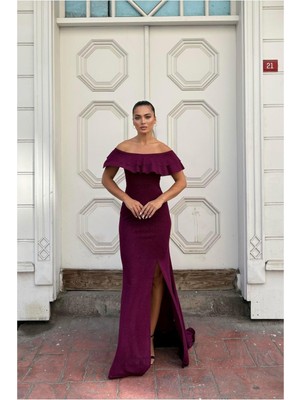 Lior Design Kadın Vintage Krep Kumaş Straplez Yırtmaçlı Abiye Elbise