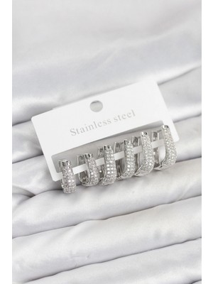 Pileli Store 316L Çelik Gümüş Renk Zirkon Taşlı Damla Halka Küpe Seti - TJ-BKP11525