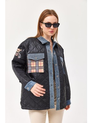 Juuuj Siyah Pamuklu Kumaş Gömlek Yaka Kol ve Cep Kot Detaylı Oversize Form Kapitone Ceket