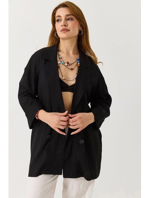 Juuuj Siyah Kruvaze Yaka Düşük Omuz Oversize Rahat Kalıp Düğme Detaylı Dokuma Blazer Ceket