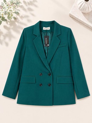 Juuuj Yeşil Dokuma Kumaş Klasik Yaka Oversize Geniş Kesim Dört Düğmeli Kapaklı Cepli Blazer Ceket