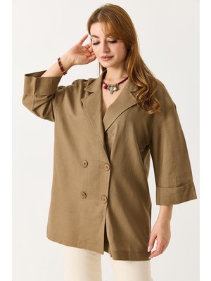 Juuuj Açık Vizon Kruvaze Yaka Düşük Omuz Oversize Dört Düğme Detaylı Geniş Kesim Blazer Ceket