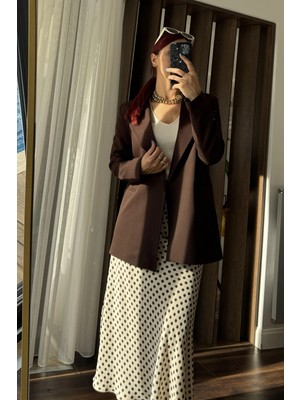 Juuuj Kahverengi Dokuma Kumaş Uzun Kollu Klasik Kesim Arkası Ince Kuşak Bağlamalı Modern Blazer Ceket