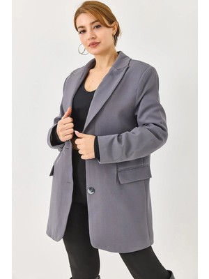 Juuuj Füme Dokuma Kumaş Klasik Yaka Oversize Geniş Kesim Tek Düğmeli Kapaklı Cepli Blazer Ceket