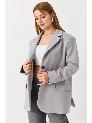 Juuuj Gri Dokuma Kumaş Klasik Yaka Oversize Çift Düğmeli Kapaklı Cep Detaylı Blazer Ceket