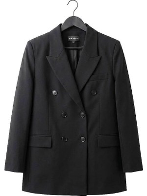 Juuuj Siyah Dokuma Kumaş Kruvaze Yaka Oversize Geniş Kesim Altı Düğmeli Cepli Blazer Ceket