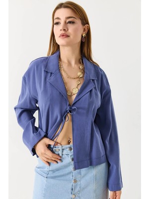 Juuuj Indigo Ince Yazlık Kumaş Gömlek Yaka Rahat Kalıp Önden Bağlamalı Crop Ceket