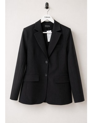 Juuuj Siyah Dokuma Kumaş Uzun Kollu Oversize Rahat Kalıp Önü Iki Düğmeli Klasik Blazer Ceket