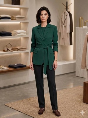 Juuuj Yeşil Belden Bağlamalı Düğme Detaylı Oversize Geniş Kesim Günlük Kullanıma Uygun Blazer Ceket