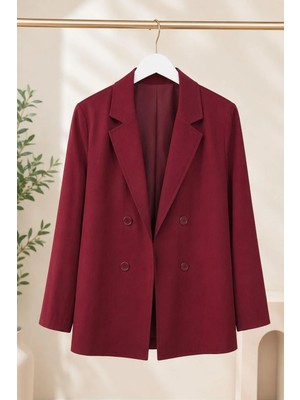 Juuuj Bordo Kruvaze Yaka Oversize Rahat Kalıp Katmanlı Giyime Uygun Dört Düğmeli Blazer Ceket