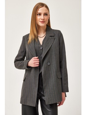 Juuuj Füme Pamuklu Karışımlı Uzun Kollu Oversize Kapaklı Cep Detaylı Blazer Ceket