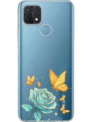 LOTUS GOLD Oppo A15/A15S Uyumlu Gül ve Kelebek Desenli Şeffaf Telefon Kılıfı