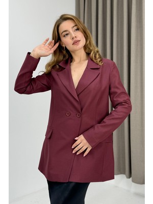 Juuuj Bordo Pamuklu Karışım Kumaş Klasik Yaka Oversize Form Kapaklı Cep Detaylı Blazer Ceket