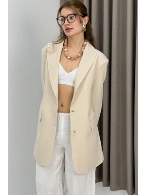 Juuuj Krem Dokuma Kumaş Klasik Yaka Oversize Form Iki Düğmeli Kapaklı Cep Detaylı Blazer Ceket