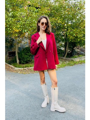 Juuuj Kırmızı Dokuma Kumaş Klasik Yaka Oversize Tek Düğmeli Cep Detaylı Rahat Form Ceket