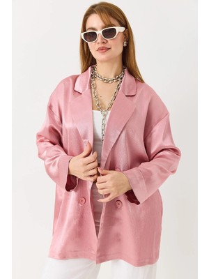 Juuuj Pembe Saten Dokulu Kruvaze Yaka Oversize Geniş Kesim Düğme Detaylı Günlük Blazer Ceket