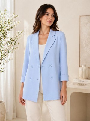 Juuuj Açık Mavi Kruvaze Yaka Oversize Geniş Kesim Dört Düğme Detaylı Blazer Ceket
