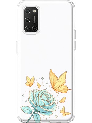 LOTUS GOLD Oppo A52/72/92 Uyumlu Gül ve Kelebek Desenli Şeffaf Telefon Kılıfı