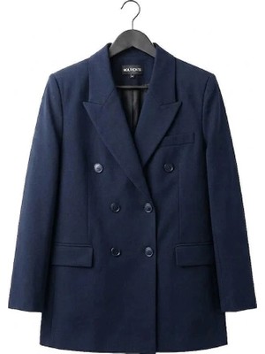Juuuj Lacivert Dokuma Kumaş Kruvaze Yaka Uzun Kollu Oversize Dört Düğmeli Kapaklı Cepli Blazer Ceket