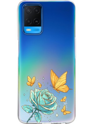 LOTUS GOLD Oppo A54 Uyumlu Gül ve Kelebek Desenli Şeffaf Telefon Kılıfı