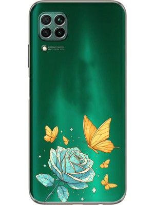 LOTUS GOLD Huawei P40 Lite Uyumlu Gül ve Kelebek Desenli Şeffaf Telefon Kılıfı