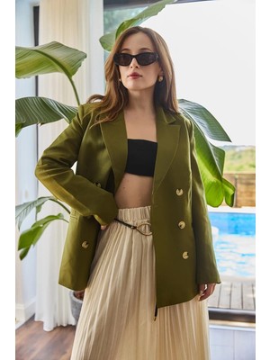 Juuuj Haki Polyester Kumaş Kruvaze Kapama Oversize Astarlı Uzun Kollu Blazer Ceket