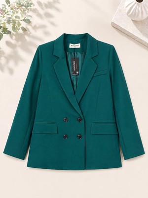 Juuuj Yeşil Dokuma Kumaş Klasik Yaka Oversize Geniş Kesim Dört Düğmeli Kapaklı Cepli Blazer Ceket