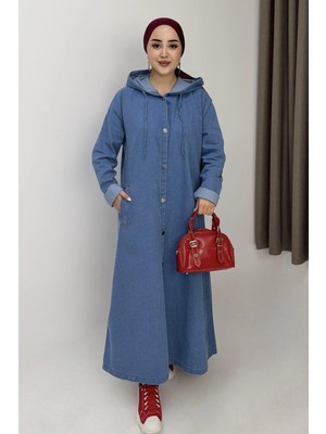 Juuuj Açık Mavi Kapüşonlu Uzun Kollu Düz Kesim Çapraz Cepli Önden Düğmeli Denim Görünümlü Kap