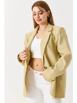 Juuuj Hardal Soft Dokulu Klasik Yaka Oversize Tek Düğmeli Astarlı Rahat Kesim Blazer Ceket