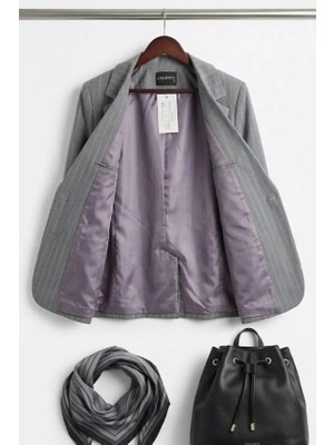 Juuuj Gri Çizgi Desenli Dokuma Kumaş Klasik Yaka Uzun Kollu Astarlı Regular Kesim Blazer Ceket