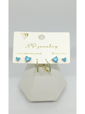 Nd Jewelry Marina Turkuaz Kalp 6'lı Küpe Seti