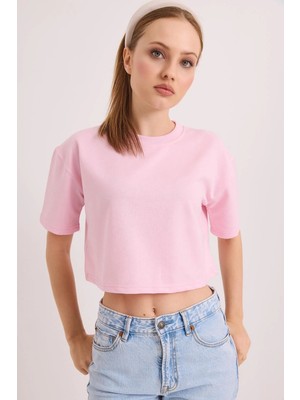Juuuj Açık Pembe Pamuklu Bisiklet Yaka Iki Iplik Kısa Kollu Rahat Kesim Crop Bluz