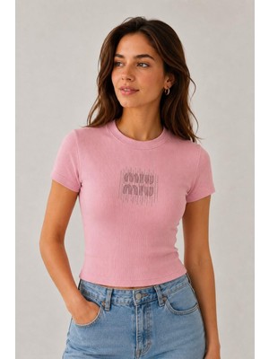 Juuuj Turuncu Esnek Kaşkorse Kumaş Bisiklet Yaka Kısa Kollu Crop Form Yazı Taşlı Detaylı Bluz