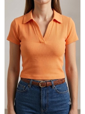 Juuuj Yavru Ağzı Örme Kaşkorse Kumaş Polo Yaka Kısa Kollu Basic Fitilli Crop Bluz