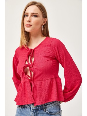 Juuuj Fuşya Pamuklu Esnek Örme Kumaş Bisiklet Yaka Uzun Kollu Bağlama Detaylı Peplum Bluz