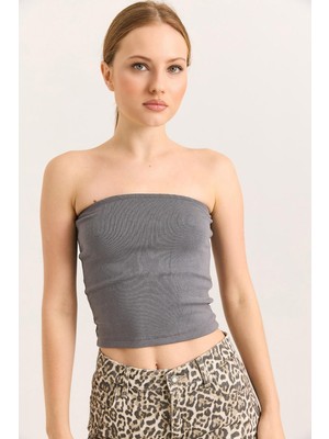 Juuuj Gri Esnek Dokulu Straplez Yaka Slim Fit Modern Kesim Günlük Kullanıma Uygun Örme Bluz