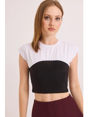 Juuuj Siyah Beyaz Pamuklu Karışımlı Bisiklet Yaka Kısa Kollu Renk Bloklu Örme Crop Bluz