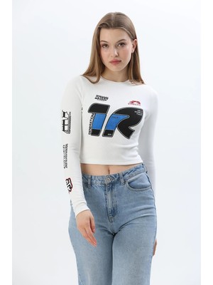 Juuuj Beyaz Ince Fitilli Pamuklu Bisiklet Yaka Uzun Kollu Crop Ottoman Baskı Detaylı Bluz