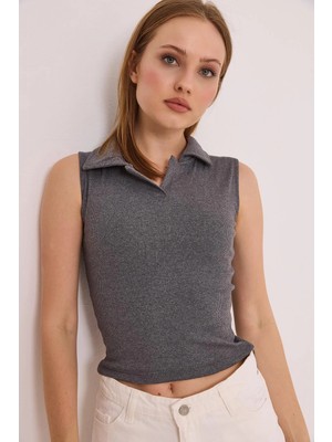 Juuuj Füme Örme Kaşkorse Kumaş Polo Yaka Sıfır Kol Basic Fitilli Görünüm Dar Kesim Örme Bluz