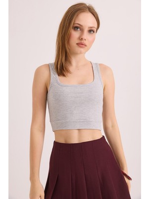 Juuuj Gri Örme Kaşkorse Kumaş Kare Yaka Askılı Crop Form Fitilli Esnek Dokulu Kolsuz Bluz