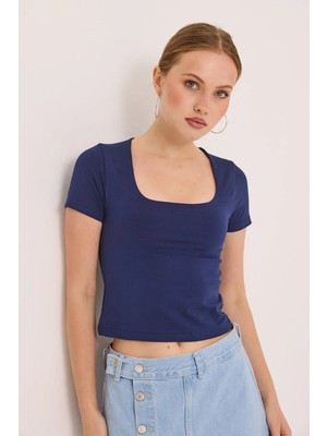 Juuuj Lacivert Esnek Pamuklu Örme Kumaş Kare Yaka Kısa Kollu Slim Fit Basic Örme Bluz