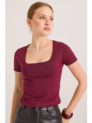 Juuuj Bordo Pamuklu Esnek Örme Kumaş Kare Yaka Kısa Kollu Slim Fit Basic Örme Bluz