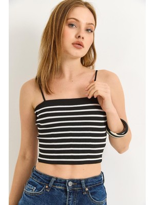 Juuuj Siyah Triko Kumaş Ip Askılı Kare Yaka Dar Kesim Çizgili Desen Örme Crop Bluz