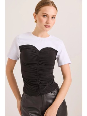 Juuuj Siyah Pamuklu Polyester Karışımlı Bisiklet Yaka Straplez Görünümlü Büzgü Detaylı Premium Bluz