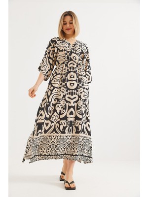 Juuuj Vizon Polyester Kumaş Kruvaze Yaka Midi Kol Rahat Kesim Desenli Uzun Elbise