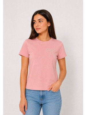 Juuuj Pembe Kaşkorse Dokulu Bisiklet Yaka Kısa Kollu Fitilli Esnek Form Günlük Crop Bluz