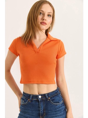 Juuuj Portakal Kaşkorse Örme Kumaş Polo Yaka Kısa Kollu Basic Dar Kesim Crop Bluz