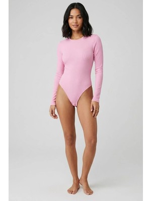 Juuuj Pembe Esnek Dokulu Bisiklet Yaka Uzun Kollu Alttan Çıtçıtlı Fitilli Örme Bluz Body